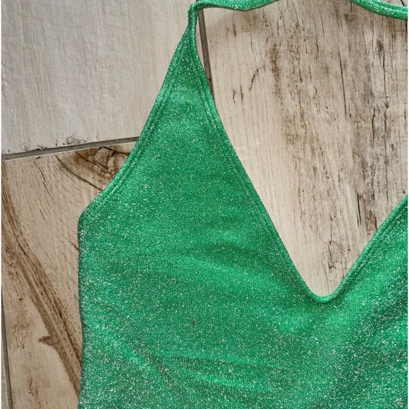 Green, sparkly deep v-neck bodysuit/bathing suit. - Picture 3 of 4